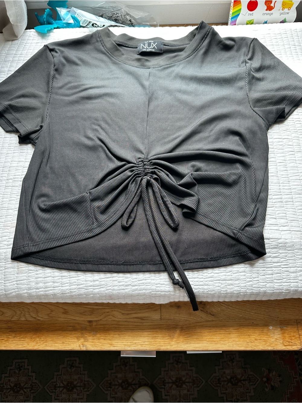 NUX Black Ribbed Cropped Drawstring Tee